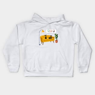 Mid Century Cats on Yellow Retro Sofa Kids Hoodie